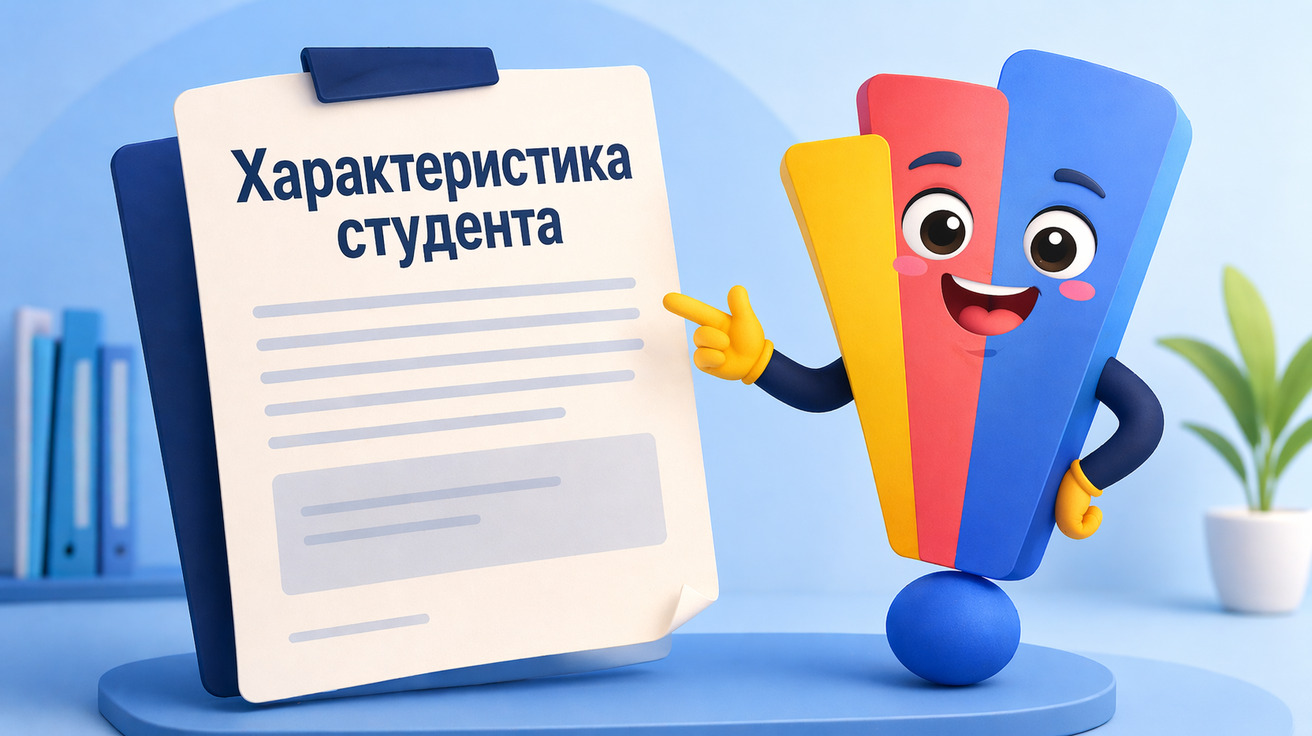 Маскот Світ Знань показує документ із заголовком «Характеристика студента»