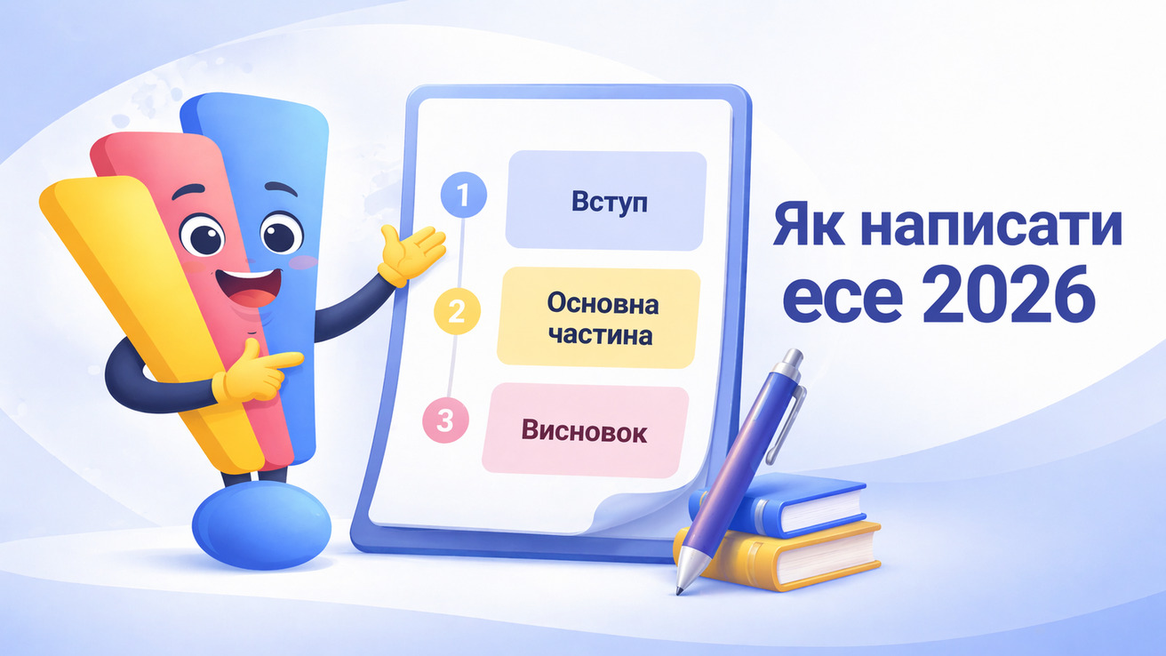 Маскот Світ Знань показує структуру есе на аркуші поруч із заголовком «Як написати есе 2026»
