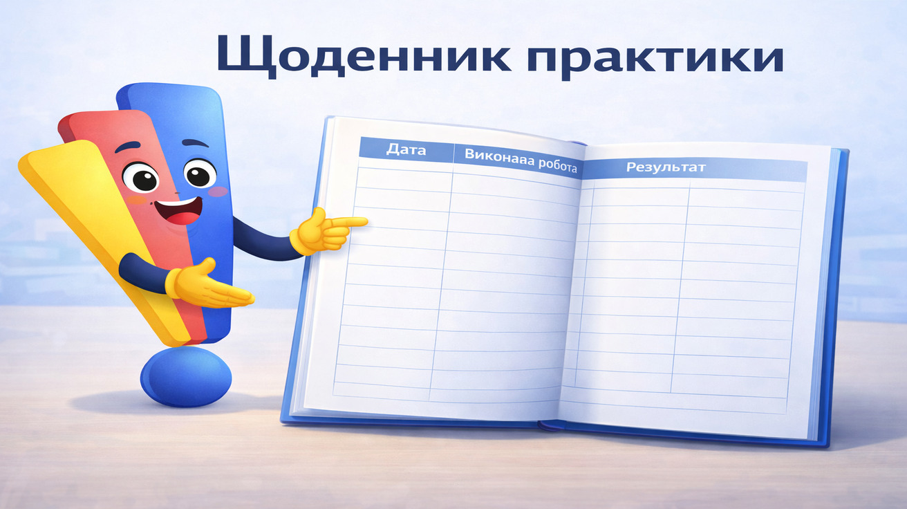 Маскот Світ Знань показує відкритий щоденник практики з таблицею для заповнення
