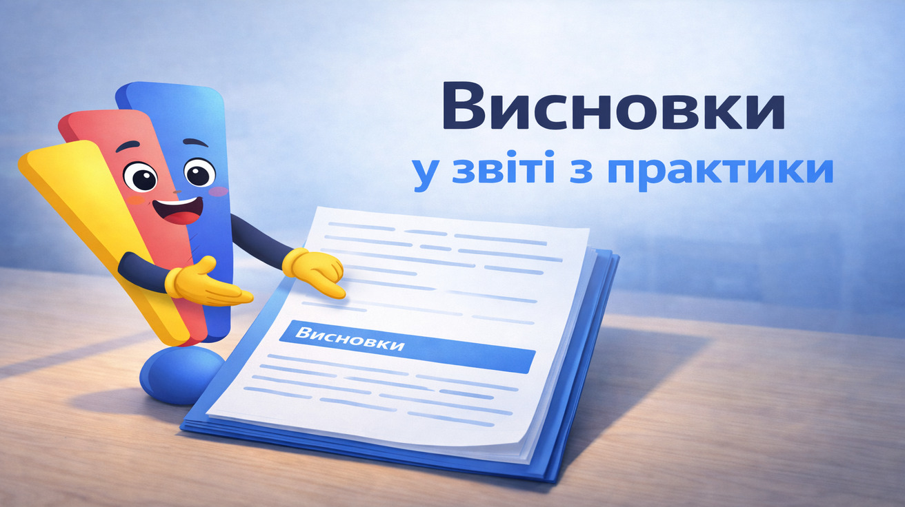 Маскот Світ Знань вказує на документ із розділом висновків і написом «Висновки у звіті з практики»