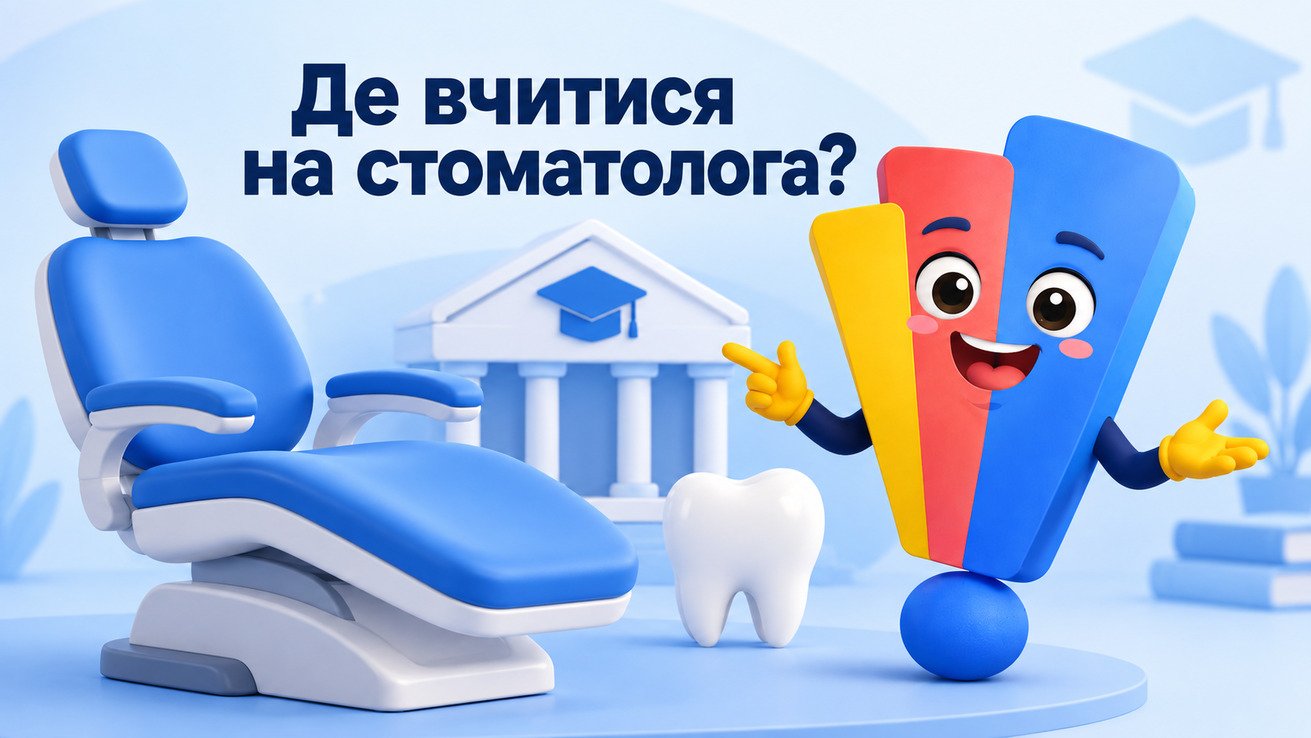 Маскот Світ Знань поруч зі стоматологічним кріслом і символом університетської освіти