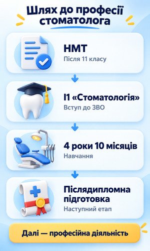 Інфографіка з етапами навчання на стоматолога після 11 класу