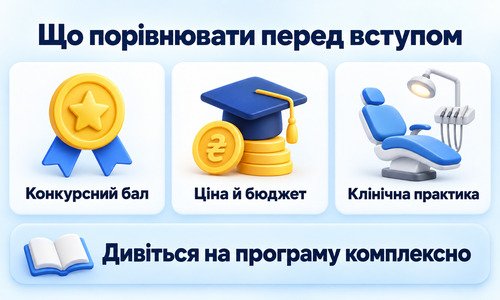 Інфографіка з критеріями вибору університету для навчання на стоматолога