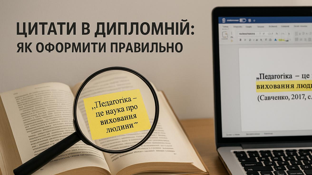 Робоче місце студента з відкритим текстом дипломної роботи, де йдеться про оформлення цитат