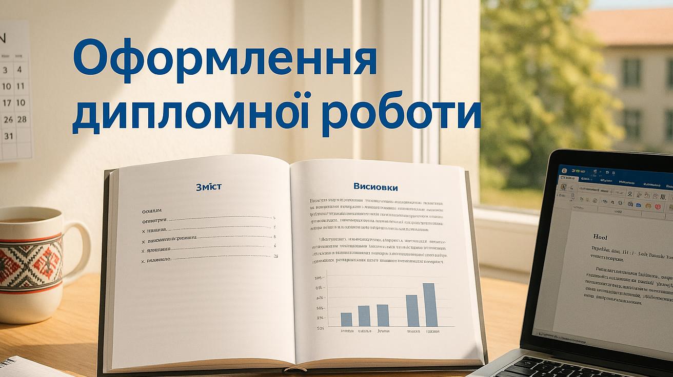 Відкрита дипломна робота із змістом та розділом "Висновки" на столі, поруч з ноутбуком, зошитом і чашкою в українському стилі