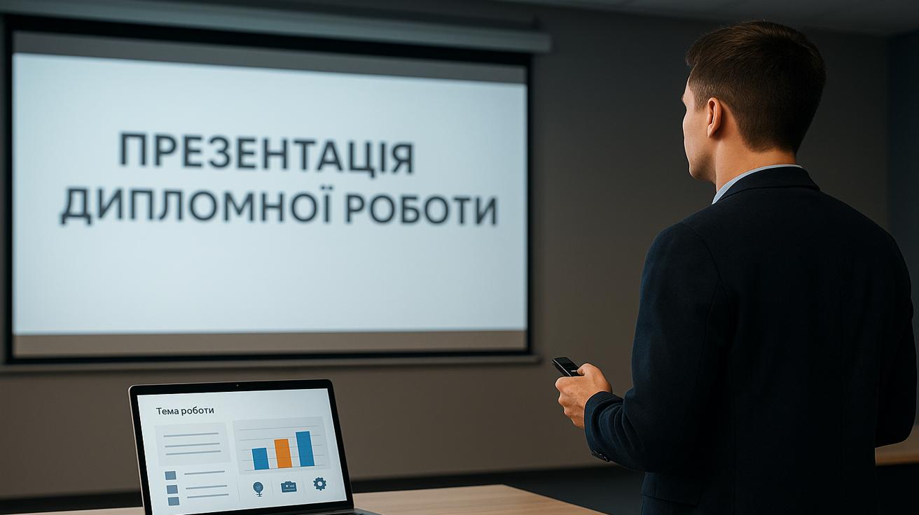 Студент захищає дипломну роботу перед екраном із слайдом «Презентація дипломної роботи»