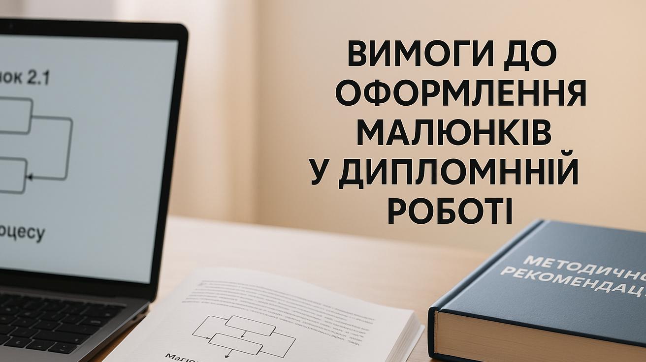Робоче місце з дипломною роботою — ілюстрація правильного оформлення малюнків
