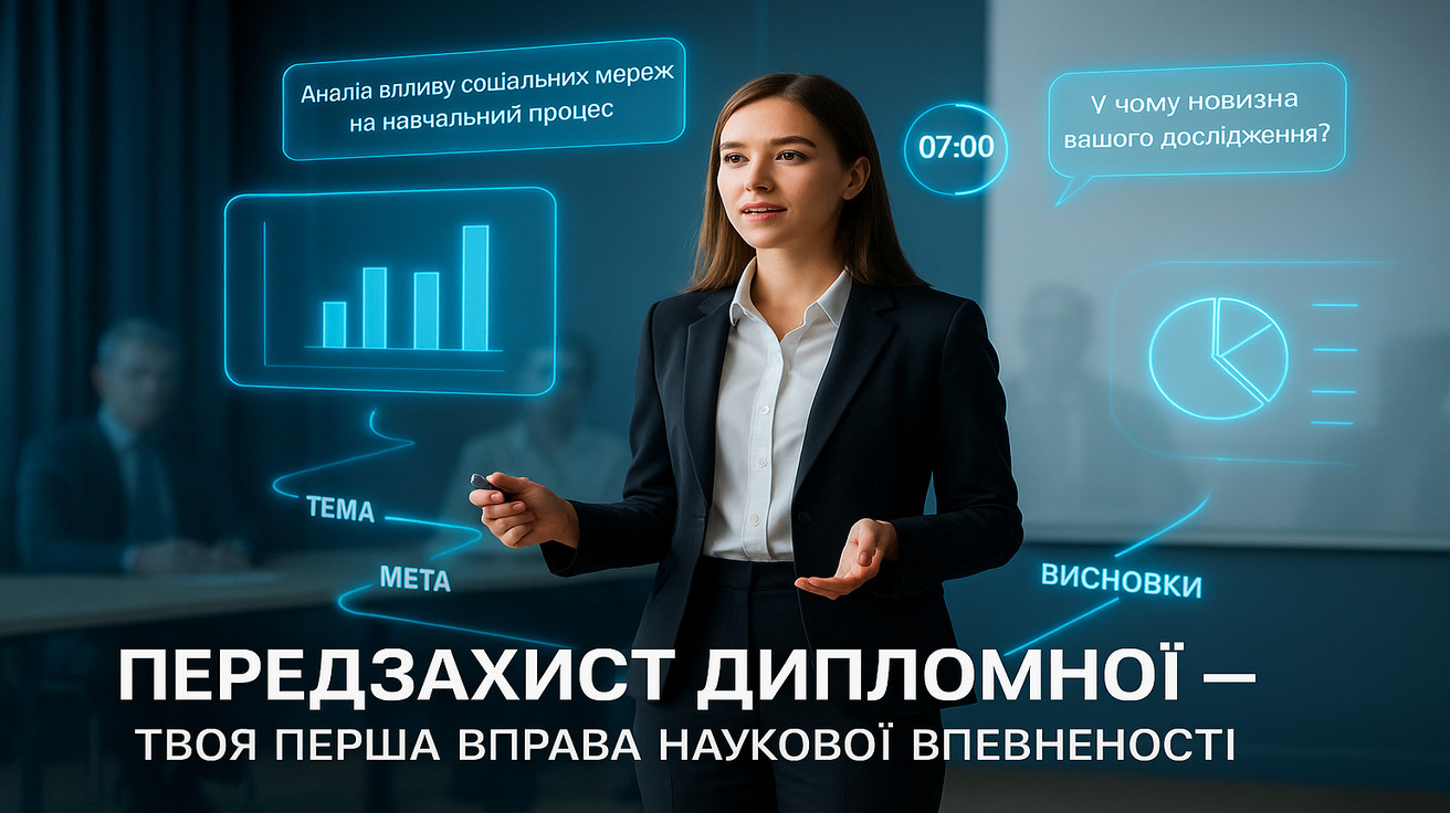 Студентка презентує дипломну роботу з елементами доповненої реальності: слайди, таймер і запитання комісії