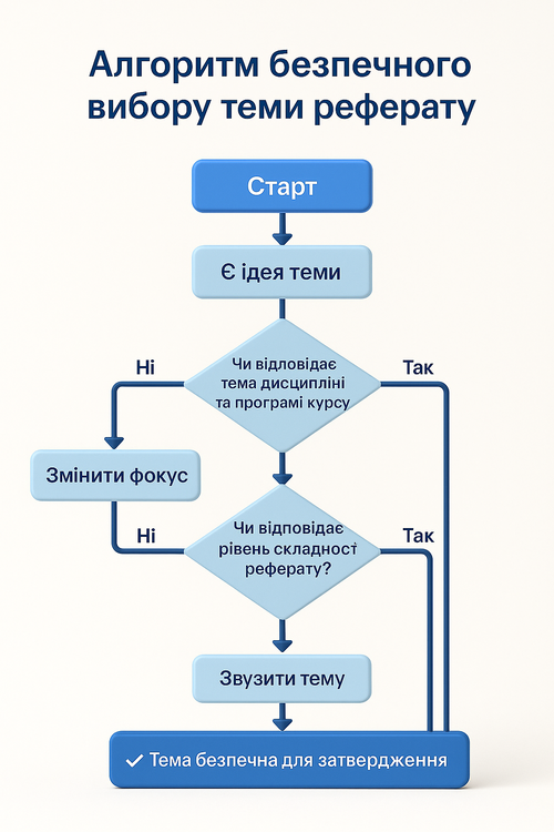 Алгоритм безпечного вибору теми реферату: покрокова схема перевірки теми на відповідність дисципліні, рівню складності та вимогам викладача