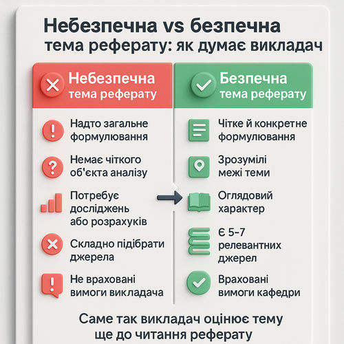 Небезпечна vs безпечна тема реферату: інфографіка з порівнянням ознак проблемної та безпечної теми з погляду викладача