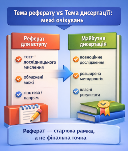 Тема реферату і тема дисертації: порівняння меж очікувань для вступу в аспірантуру — 3D інфографіка