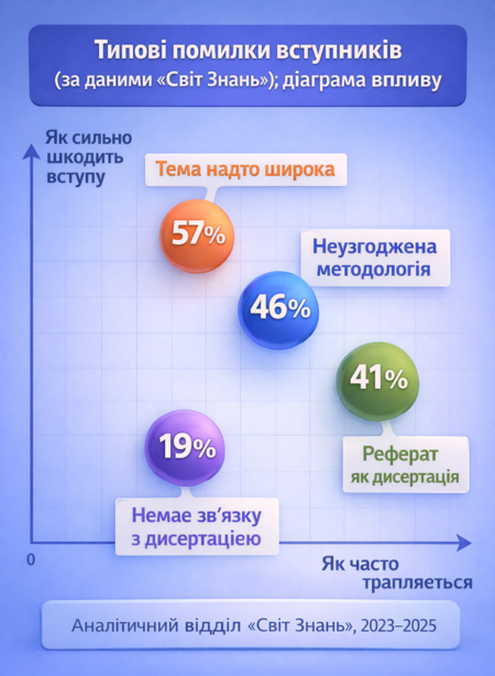 Типові помилки вступників до аспірантури: діаграма впливу за даними «Світ Знань» — частота та шкода для вступу