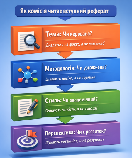 Як комісія читає вступний реферат: тема, методологія, академічний стиль і перспектива дослідження — інфографіка