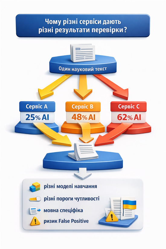 Інфографіка порівняння результатів перевірки на ШІ: один науковий текст і різні оцінки сервісів A, B і C