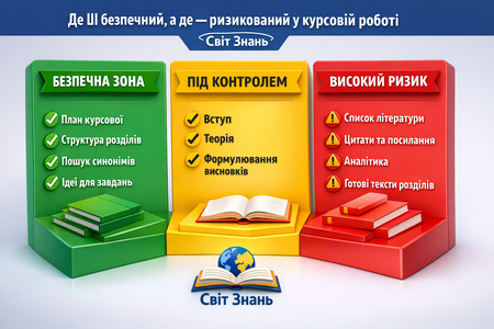 Де ШІ безпечний, а де ризикований у курсовій роботі — інфографіка з безпечними та небезпечними етапами використання штучного інтелекту