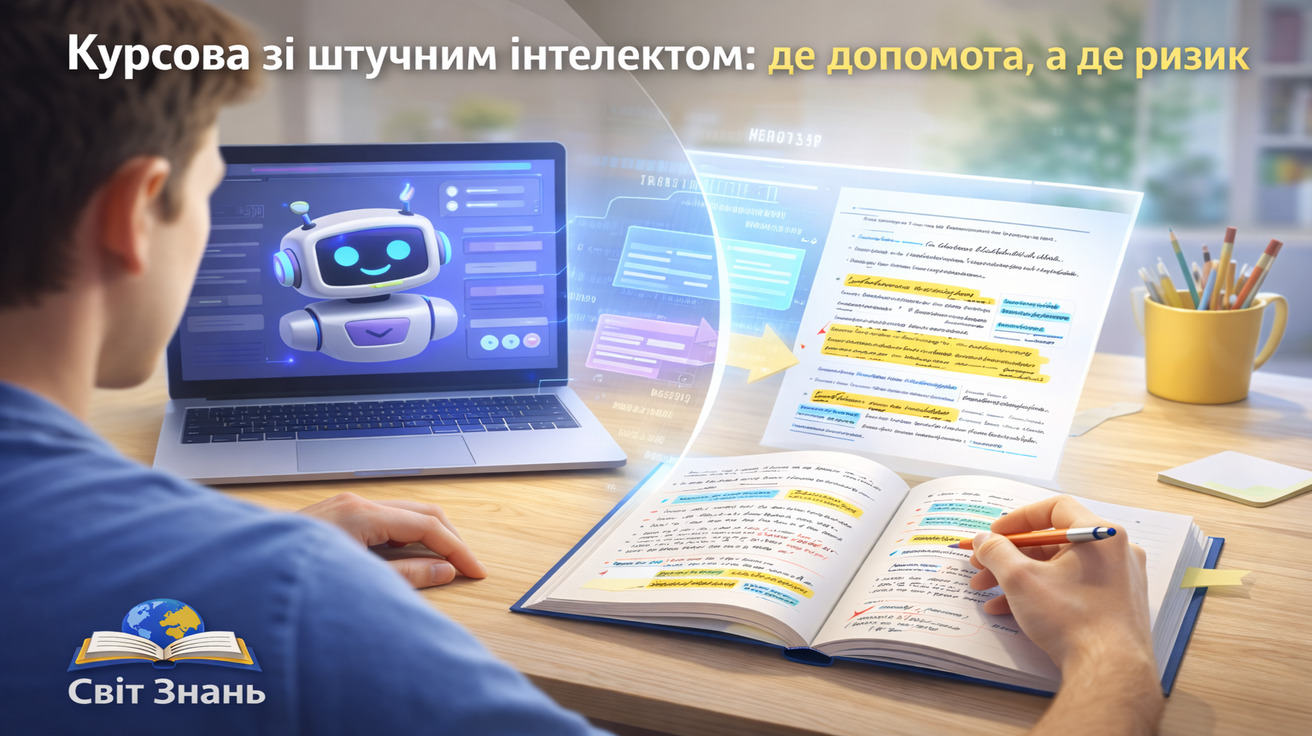 Студент працює над курсовою роботою з використанням штучного інтелекту: де ШІ допомагає, а де створює ризики