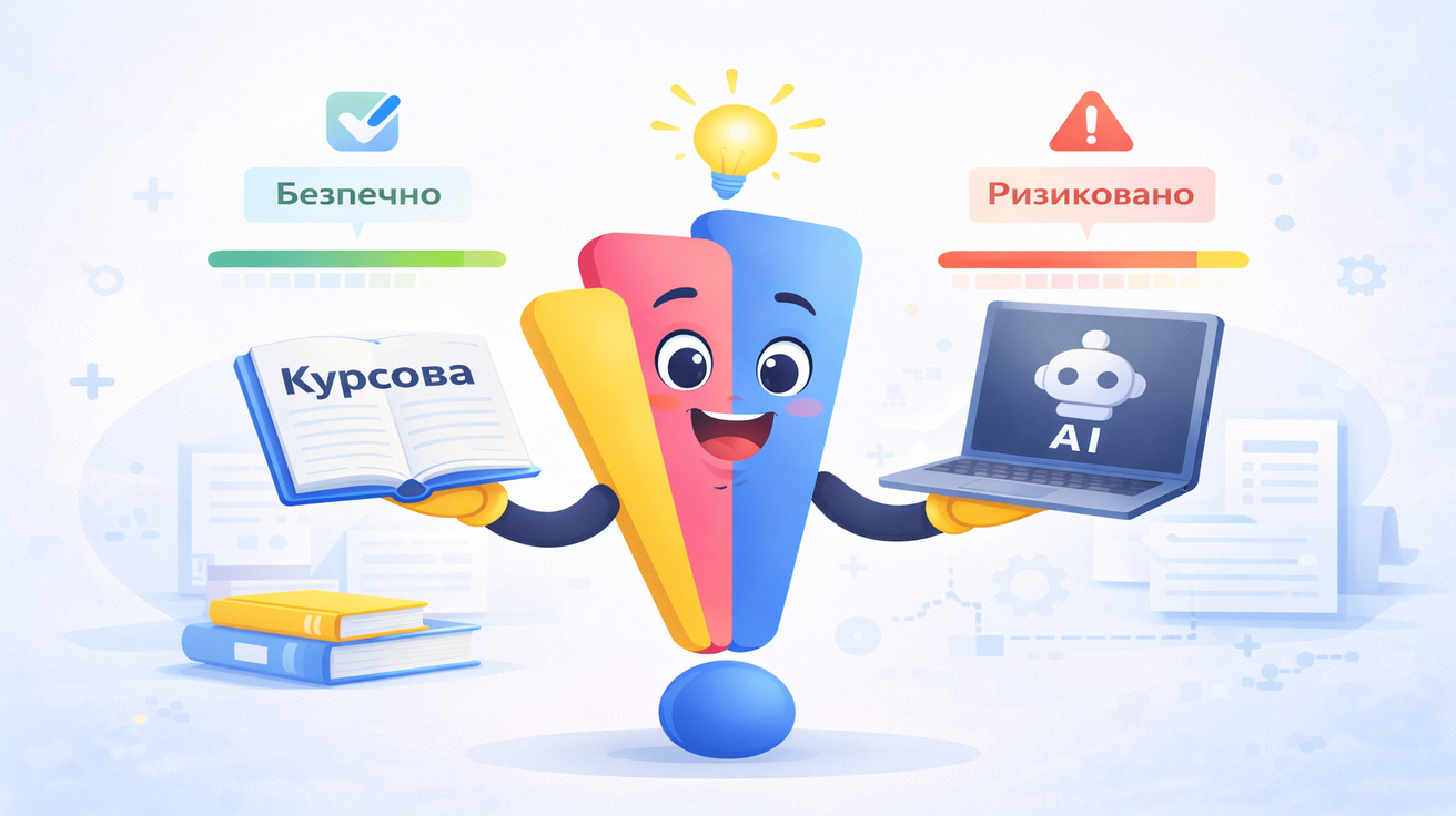 Перевірка курсової роботи на ШІ — AI-score, аналіз стилю тексту та індикатори Burstiness і Perplexity з освітнім персонажем