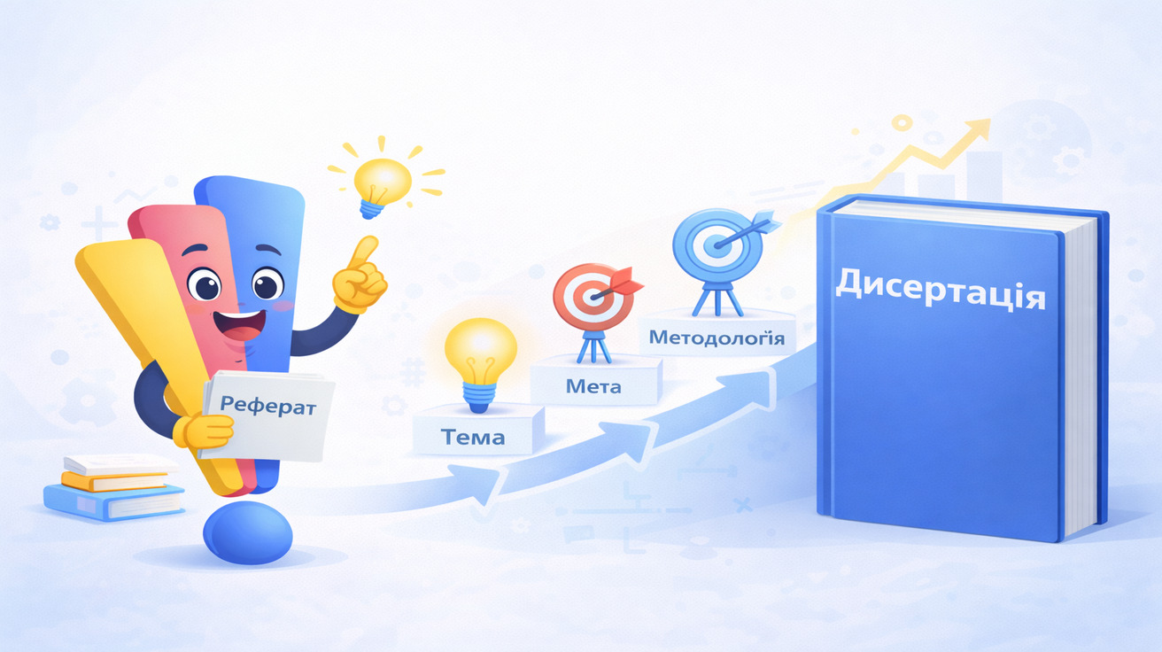 Персонаж знак оклику пояснює перехід від реферату до дисертації: тема, мета, методологія, дослідження