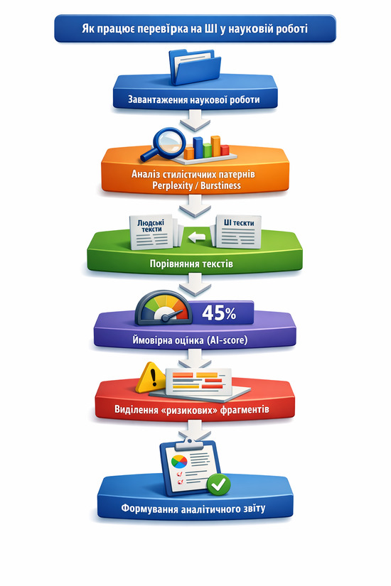 Інфографіка процесу перевірки наукової роботи на ШІ: завантаження тексту, аналіз стилю, порівняння, AI-score та формування звіту