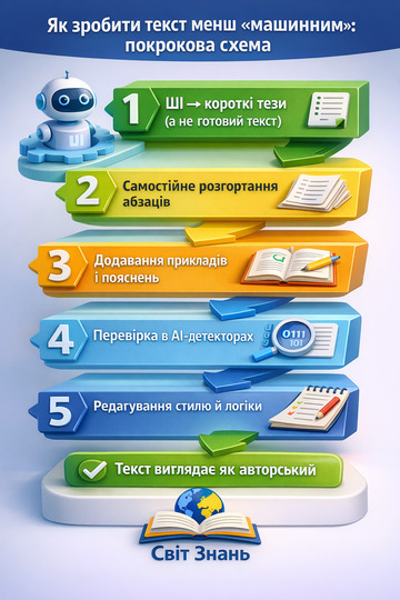 Інфографіка: як зменшити ШІ-шність тексту — покрокова схема адаптації AI-тексту до авторського вигляду