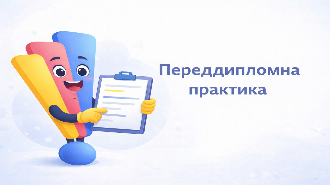 Маскот із документом і написом «Переддипломна практика» на головному зображенні до статті для студентів