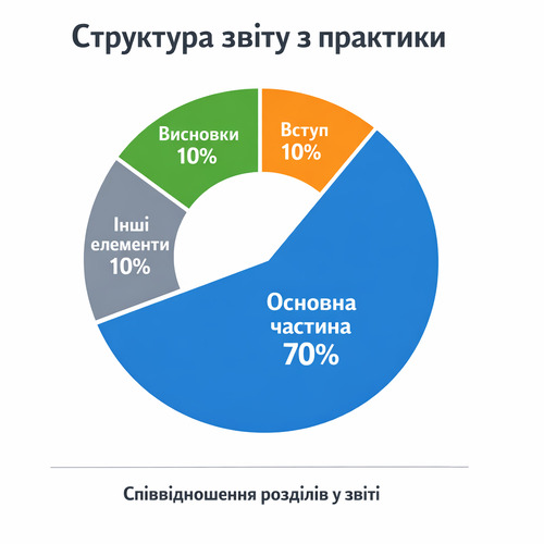  Інфографіка структури звіту з практики: основна частина 70%, вступ 10%, висновки 10%, інші елементи 10%