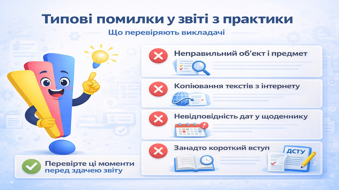 Типові помилки у звіті з практики студентів: неправильний об’єкт і предмет, копіювання текстів, невідповідність дат у щоденнику та порушення оформлення ДСТУ