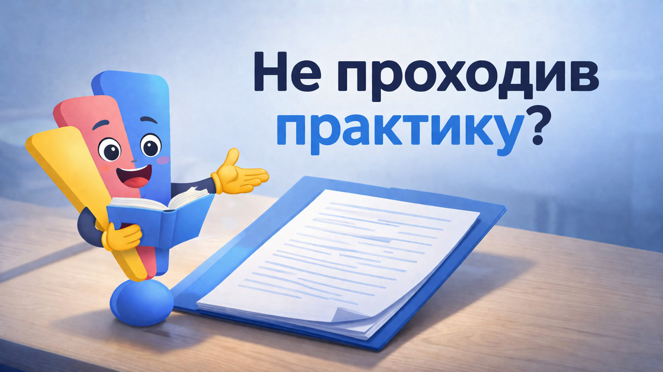 Маскот Світ Знань біля папки з документами та написом «Не проходив практику?»