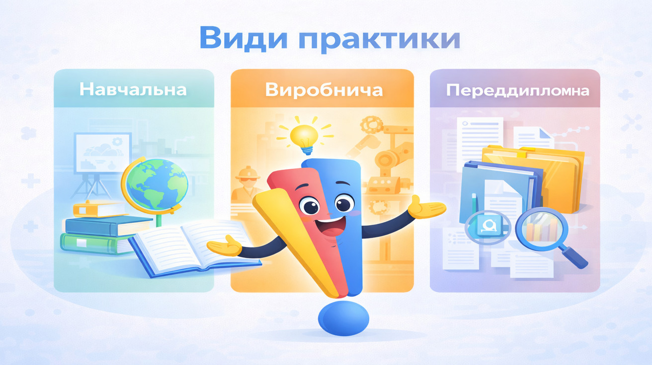 Маскот і три візуальні блоки з видами практики: навчальна, виробнича та переддипломна