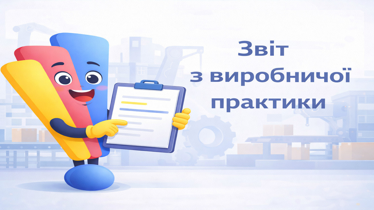 Маскот із планшетом зі звітом на фоні виробничого цеху та написом «Звіт з виробничої практики»