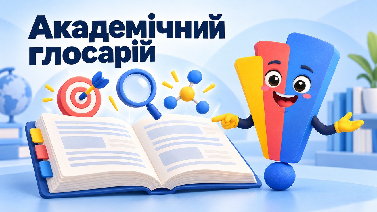 Маскот Світ Знань пояснює академічні терміни біля відкритого глосарію