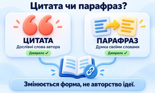 Інфографіка про різницю між цитатою і парафразом та необхідність посилання на джерело