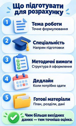 Інфографіка з переліком даних для розрахунку вартості дипломної роботи