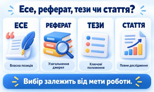 Інфографіка про різницю між есе, рефератом, тезами та науковою статтею