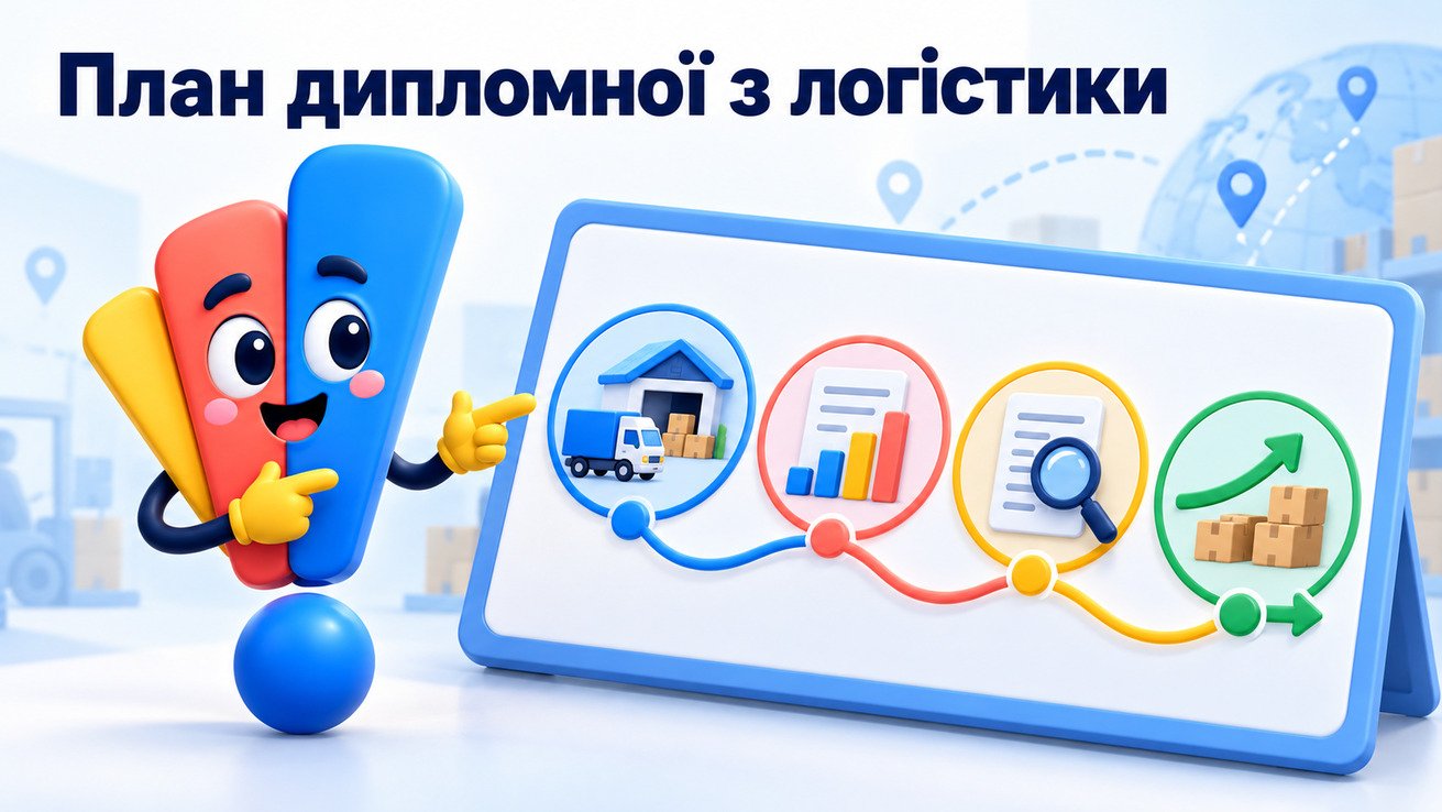 Маскот Світ Знань показує маршрутну схему плану дипломної роботи з логістики