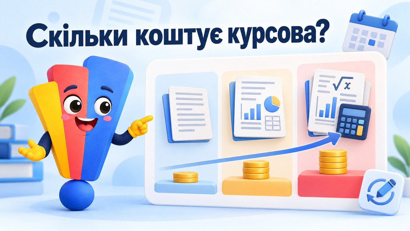 Маскот Світ Знань показує порівняння типів курсових робіт за складністю та вартістю