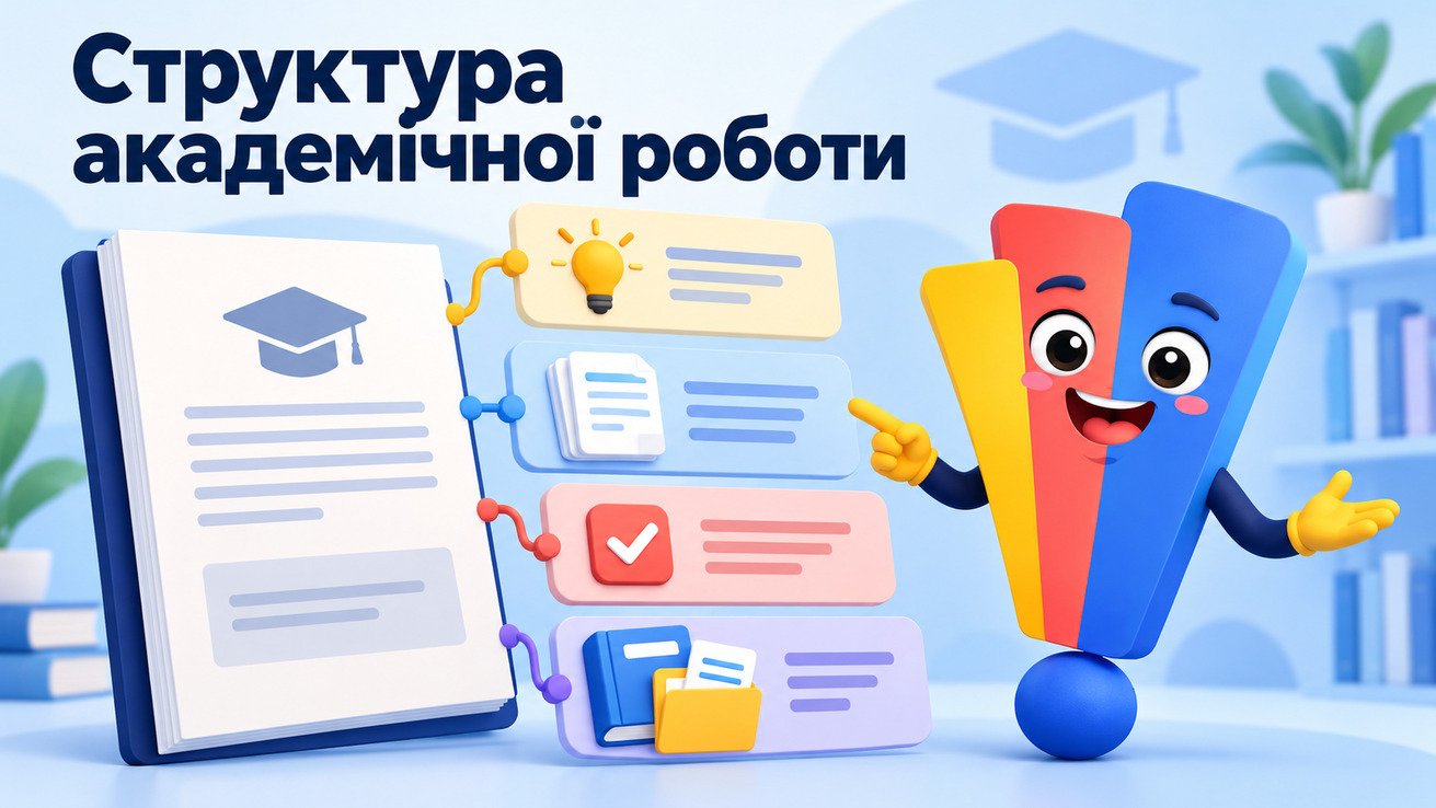 Маскот Світ Знань пояснює структуру академічної роботи біля схеми документа