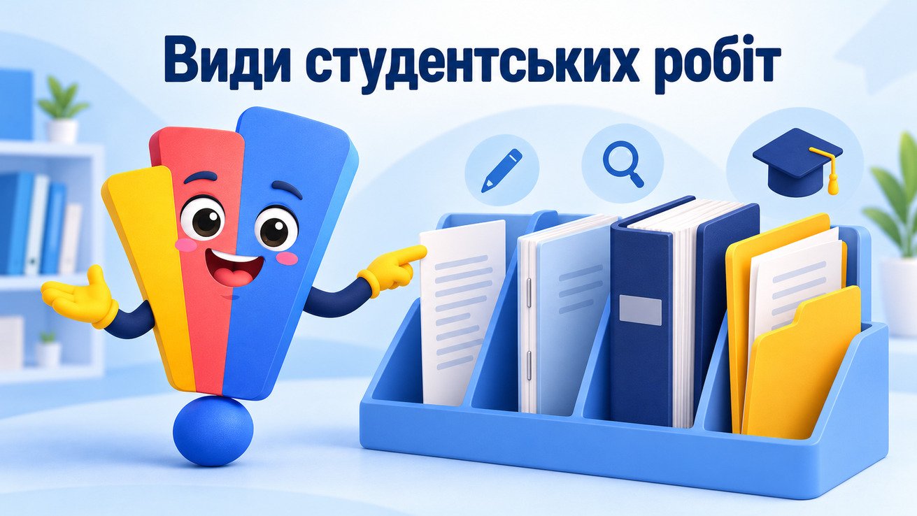 Маскот Світ Знань біля картотеки з різними видами студентських і наукових робіт
