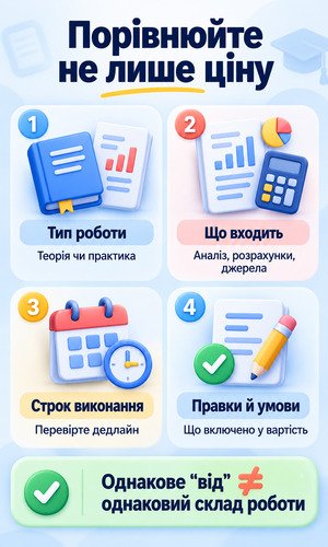 Інфографіка з критеріями порівняння вартості курсових робіт